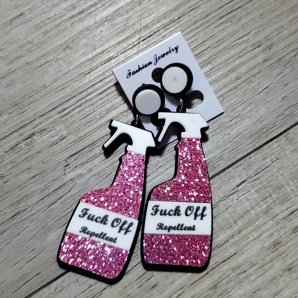 Repellent spray bottle earrings pink glitter